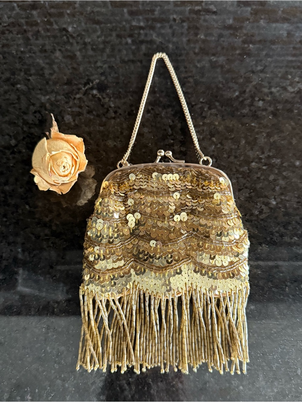 Vintage “Banana Republic” Gold Sequin/Fringe Flapper Style Mini Evening Bag 🌟